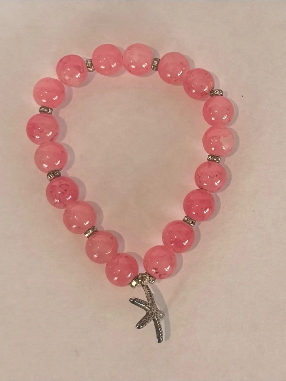 Pink Glass Beaded Stretch Bracelet with Starfish Charm